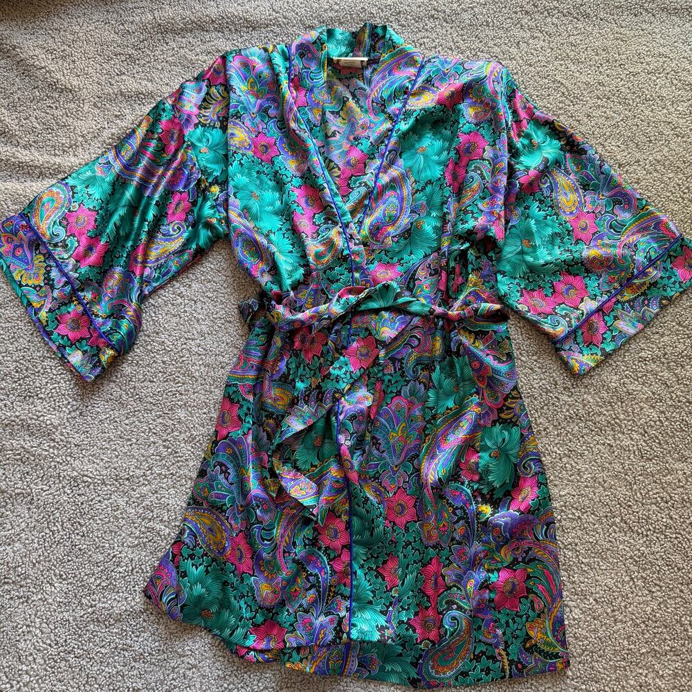 VTG California Dynasty Paisley Floral Purple Magenta Teal Robe Sz M Made in USA